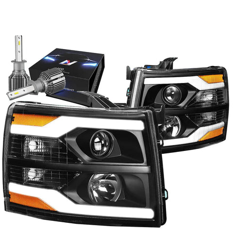 2007-2013 Chevy Silverado Drl Projector Headlight W/Led Kit+Cool Fan Black DNA MOTORING