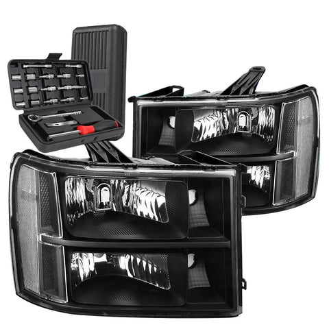 2007-2013 Gmc Sierra 1500 2500/3500Hd Black Clear Side Headlight Lamp+Tools DNA MOTORING