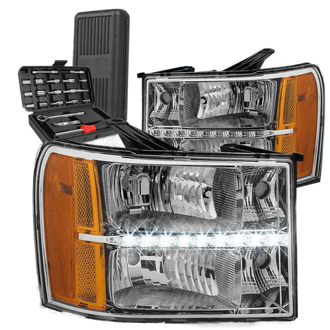 2007-2014 Gmc Sierra Led Chrome Housing W/Amber Signal Headlight Lamps+Tools DNA MOTORING