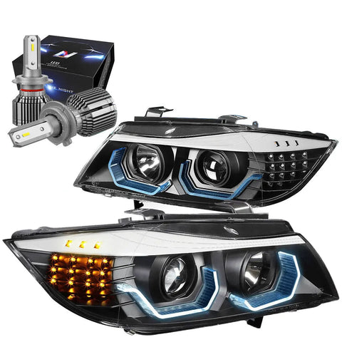 2009-2012 Bmw E90 3-Series 3D U-Halo Headlights W/Led Kit+Cool Fan Black DNA MOTORING