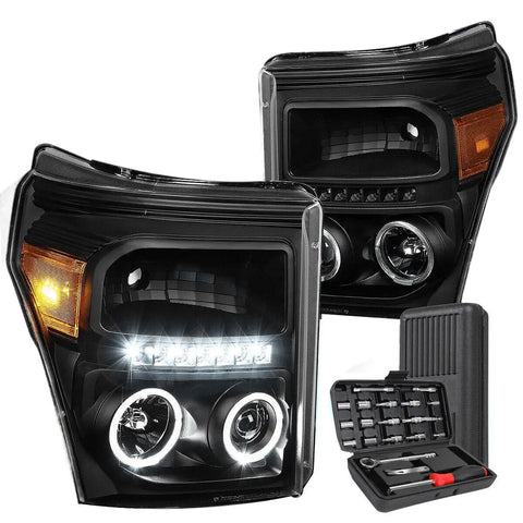 2011-2016 Ford F250/F350/F450 Led Dual Halo Projector Headlights+Tools Black DNA MOTORING
