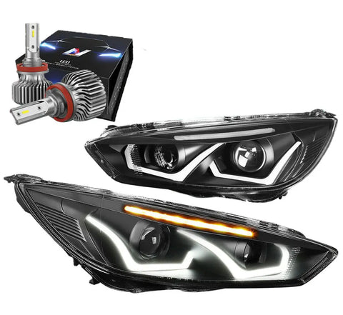2015-2018 Focus Led Black/Clear Projector Headlights W/Led Kit Slim Style DNA MOTORING