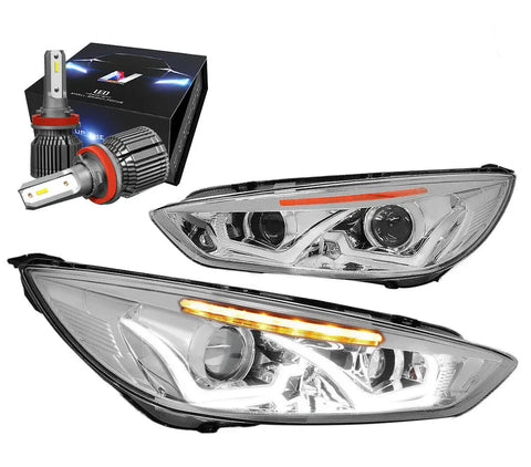 2015-2018 Ford Focus Led Chrome Amber Projector Headlight W/Led Kit+Cool Fan DNA MOTORING