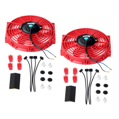 2PCS 10'' Red Slim Fan Push Pull Electric Radiator Cooling 12V Universal Kit SILICONEHOSEHOME