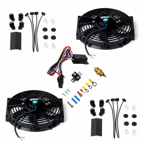 2X 10" Electric Radiator Cooling Fan w/ Thermostat Relay & Mounting Kit Black F1 Racing