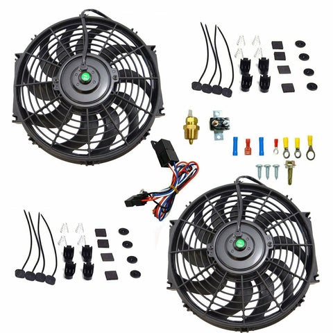 2X 12'' Electric Radiator Cooling+Fan 3/8" Probe Ground Thermostat Switch Kit BK SILICONEHOSEHOME