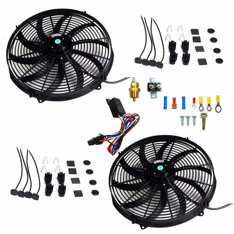 2X 16'' Electric Radiator Fan+High 1000 CMF Thermostat Wiring Switch Relay Kit SILICONEHOSEHOME