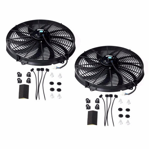 2X 16" UNIVERSAL SLIM FAN PUSH PULL ELECTRIC RADIATOR COOLING 12V MOUNT KIT F1 Racing