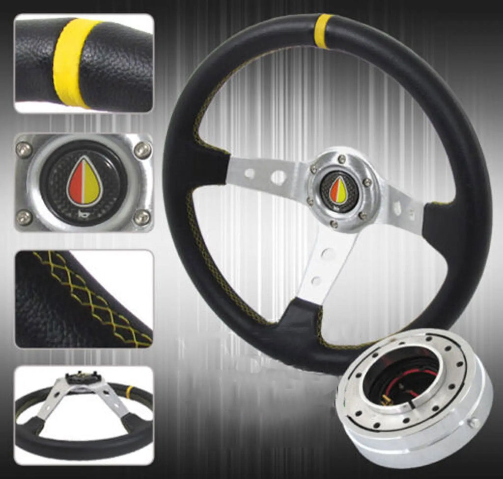 320Mm Jdm Type R Steering Wheel W/ Chrome 1.5" Slim Quick Release & Horn Button Dynamic