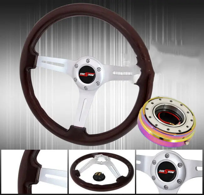 345Mm 3 Spoke Wood Grain Jdm Steering Wheel + 6Bolt Quick Release + Horn Button Dynamic