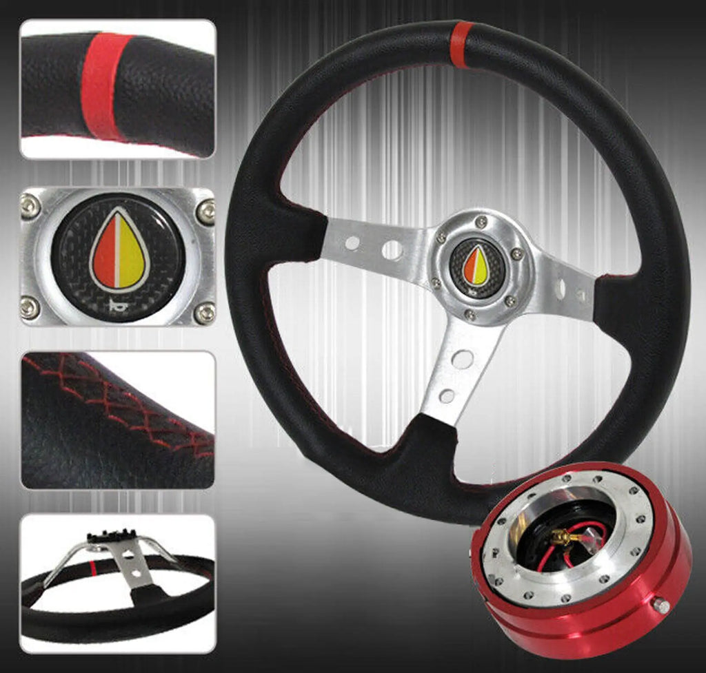 350Mm Detachable Steering Wheel Combo Red Slim Quick Release & Jdm