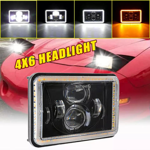 4"X6" Led Headlight Projector Sealed Hi/Lo Angel Eye Drl For Pontiac Firebird EB-DRP