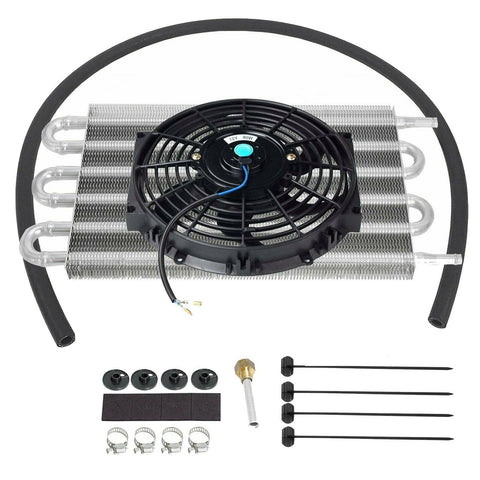 6 Row Aluminum Radiator Remote Transmission Oil Cooler w/ 10" Cooling Fan Kit SILICONEHOSEHOME