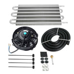 6 Row Oil Cooler Radiator Remote Aluminum Transmission Kit w/ 7" Cooling Fan SILICONEHOSEHOME