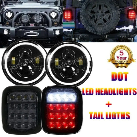 7" Inch Led Headlights Hi/Lo + Smoke Tail Lights Combo For Jeep Wrangler Tj Cj EB-DRP