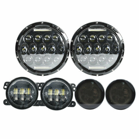 7" LED Headlights 4" Fog Lights Turn Signal Combo Kit For 07-17 Jeep Wrangler JK F1 RACING