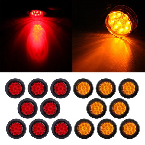 16x Red Amber 2 inch Round 9 LED Side Marker Trailer Light tail turn signal