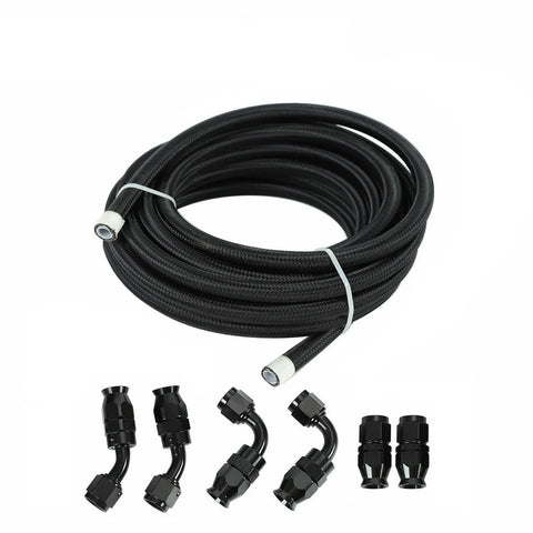 8An -8An Black Nylon Braided E85 Ptfe Fuel Line 12Ft 6 Fittings Hose Kit E85 BLACKHORSERACING