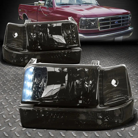 92-96 Ford F150 F250 F350 Led Drl Smoked Lens Clear Corner Headlight Lamps Speed Daddy