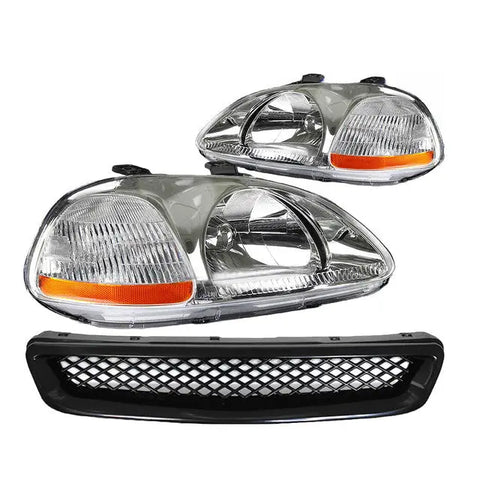96-98 Civic Ej/Ek Black Front Grill+Chrome Housing Headlight Amber Reflector DNA MOTORING