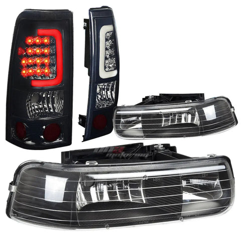 99-02 Silverado Black Crystal Headlight+Chrome Smoked 3D Led Bar Tail Lamp DNA MOTORING