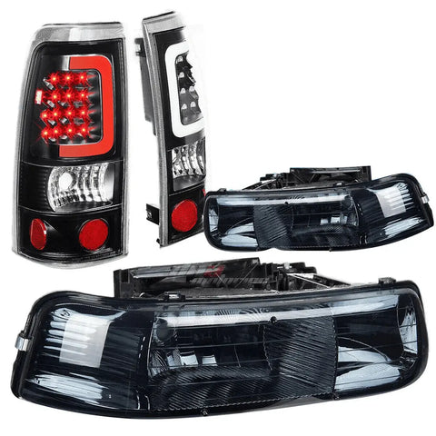 99-02 Silverado Smoked Crystal Headlight+Corner+Black 3D Led Bar Tail Lamp DNA MOTORING