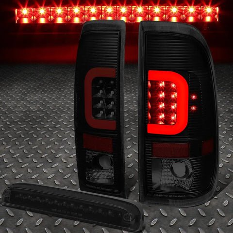 99-07 Ford Super Duty Red 3D Led C-Bar Tail Lights+Third Brake Lamp (Smoked) Speed Daddy