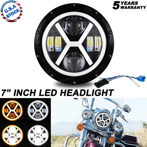 Black 7 Inch Round Led Headlight Halo Hi-Lo Fit For Harley Davidson Motorcycle EB-DRP