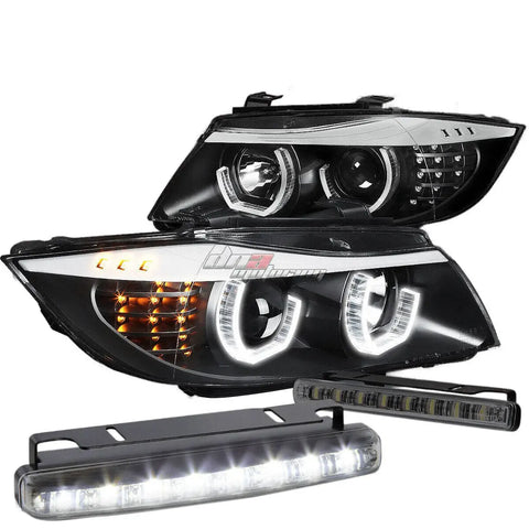 Black Halo Projector Headlight+Corner+8 Led Smoke Fog Light Fit 06-08 Bmw E90 DNA MOTORING