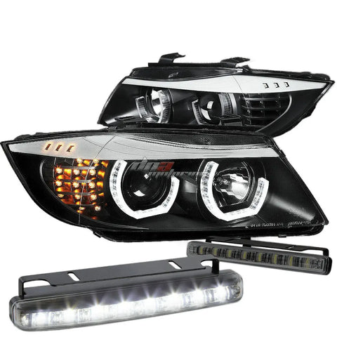 Black Halo Projector Headlight+Corner+8 Led Smoke Fog Light Fit 09-12 Bmw E90 DNA MOTORING