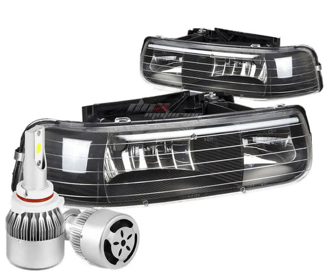 Black Housing Clear Lens Headlight+White Led 9006 Hid W/Fan Fit 99-02 Silverado DNA MOTORING