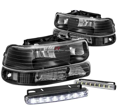 Black Housing Headlight Clear Corner+8 Led Grill Fog Light Fit 99-02 Silverado DNA MOTORING
