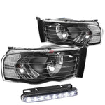 Black Housing Headlight+Clear Corner+8 Led Grill Fog Light Fit 02-05 Dodge Ram DNA MOTORING