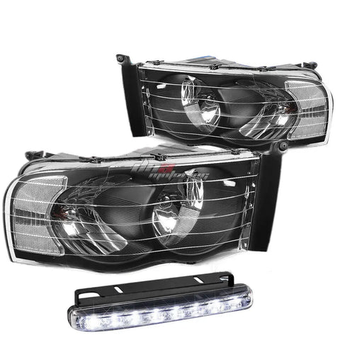 Black Housing Headlight+Clear Corner+8 Led Grill Fog Light Fit 02-05 Dodge Ram DNA MOTORING