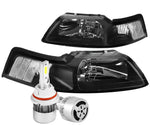 Black Housing Headlight+Clear Corner+White Led 9007 Hid W/Fan Fit 99-04 Mustang DNA MOTORING