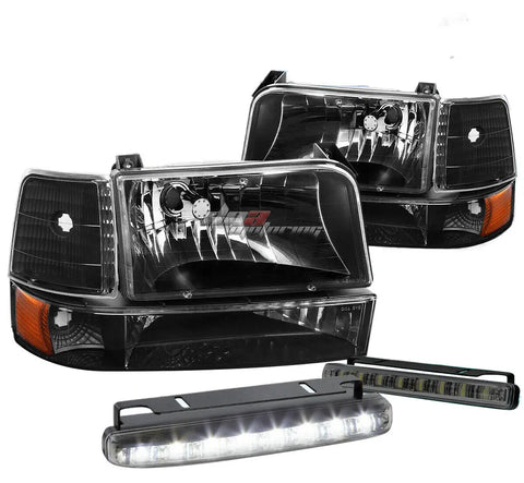 Black Lens Headlight Amber Corner+8 Led Smoke Fog Light Fit 92-96 F-Series DNA MOTORING