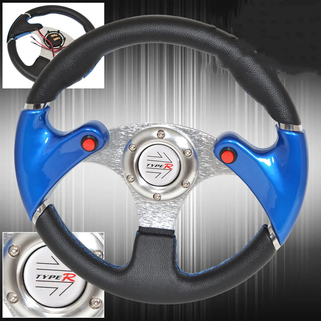 Blue 320Mm 3 Spoke Pvc Leather Dual Nos Button Steering Wheel Jdm Typer