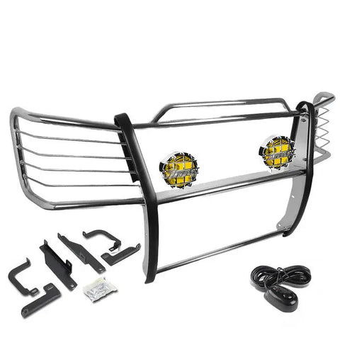 Chrome Brush Grill Guard+Round Amber Fog Light Fit 03-07 Silverado 2500 Hd/3500 DNA MOTORING