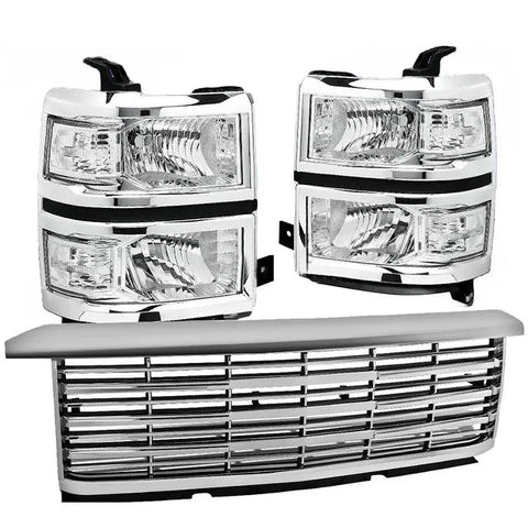 Chrome Housing Headlight+Clear Corner Signal+Billet Grille Fit 14-15 Silverado DNA MOTORING