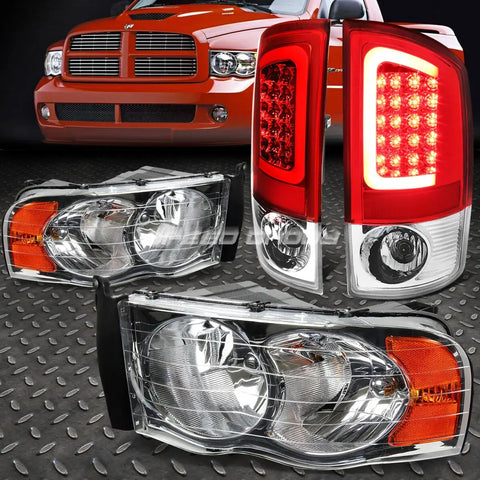 Chrome Headlight+Amber Corner+Red 3D Led Brake Tail Light 02-05 Dodge Ram Speed Daddy