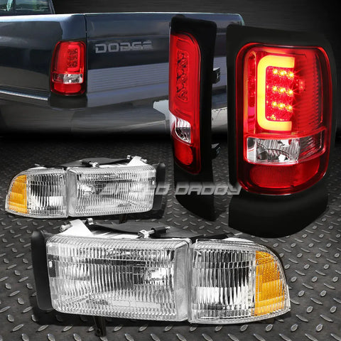 Chrome Housing Headlight+Red Lens 3D Led Brake Tail Light 94-02 Dodge Ram Speed Daddy