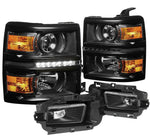 Fit 2014-2015 Chevy Silverado Black Led Drl Projector Headlight+Clear Fog Lamp DNA MOTORING