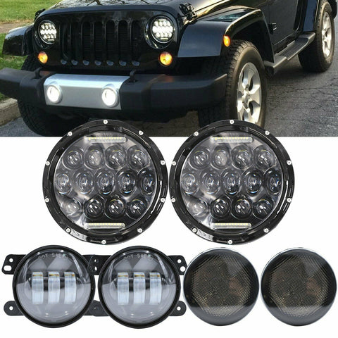 For 07-17 Jeep Wrangler JK 7" Halo Fog Light Turn Lights LED Headlight Combo Kit F1 RACING