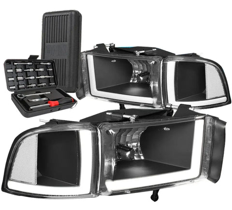 For 1994-2002 Dodge Ram 1500 2500 3500 Led Drl Headlight Lamps+Tools Black/Clear DNA MOTORING