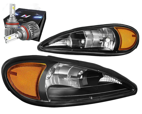 For 1999-2005 Pontiac Grand Am Pair Headlight Lamps W/Led Kit Slim Style Black Dynamic Performance Tuning