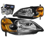 For 2001-2003 Honda Civic Coupe/Sedan Headlight Lamps W/Led Kit Slim Style Black DNA MOTORING
