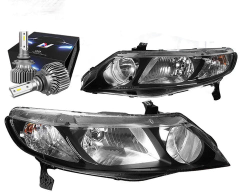 For 2006-2011 Honda Civic Sedan Headlight Lamps W/Led Kit Slim Style Black/Clear DNA MOTORING