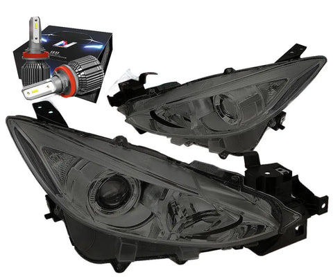 For 2014-2016 Mazda 3 Bm Projector Headlight Lamps W/Led Kit+Cool Fan Smoked DNA MOTORING
