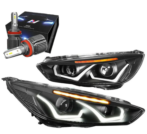 For 2015-2018 Ford Focus Led Black Amber Projector Headlight W/Led Kit+Cool Fan DNA MOTORING