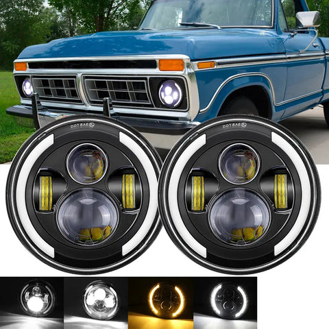 For 69-78 Ford F100 F150 F250 Pair 7Inch Round Led Headlights Halo High Low Beam EB-DRP